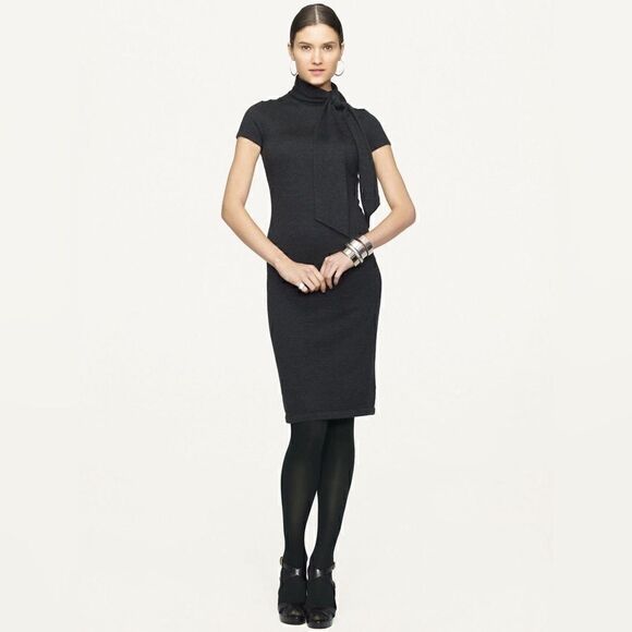 Ralph Lauren ~ Charcoal Cashmere Silk Bow Neck Pinpoint Knit Jersey Sheath Dress - Picture 7 of 16